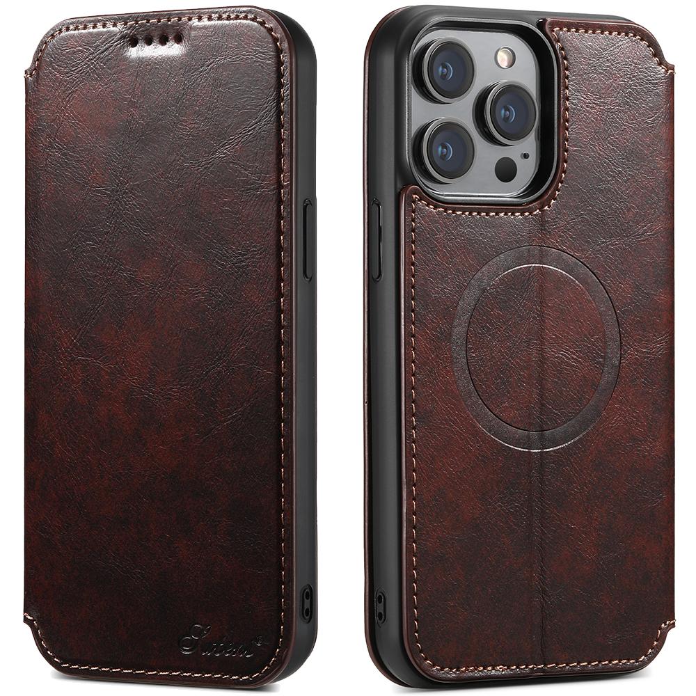 

SUTENI J05 For iPhone 14 Pro Max Phone Leather Case Compatible with MagSafe Stand Wallet Cover Brown