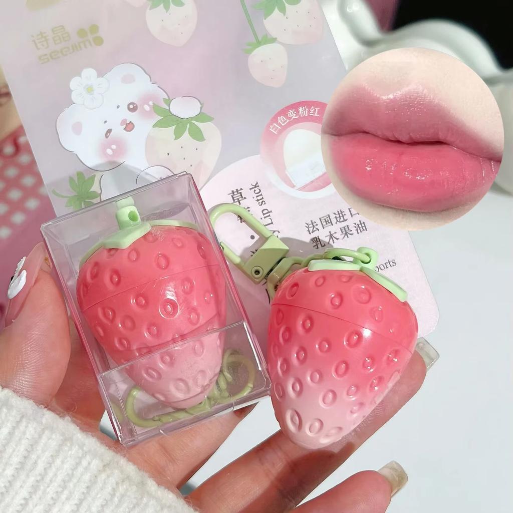 1 szt. Brelok Truskawkowy Balsam do Ust Rozgrzewający Długotrwały Naturalny Różowy Szminka Tint Zmieniająca Kolor Szminka Owocowa Pielęgnacja Ust Makijaż
