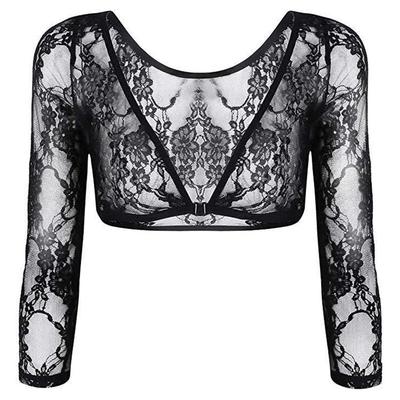 Women Girl Crop Top Solid Mesh Lace Open Front Long Sleeve Base T\-Shirt