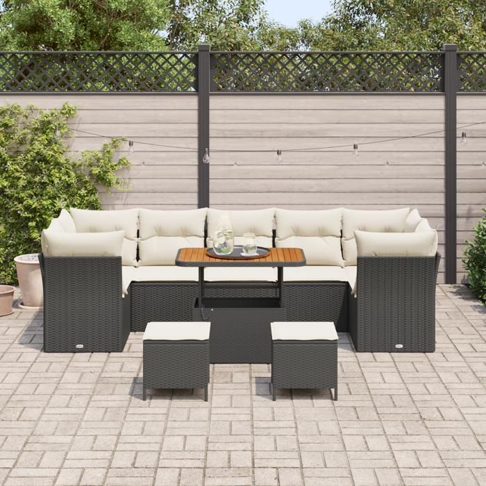 Ensemble de Canapé de Jardin 10 pièces avec Coussins Noir Poly Rattan Acacia, Ensemble de Dîner de Jardin 3 pièces 3361470