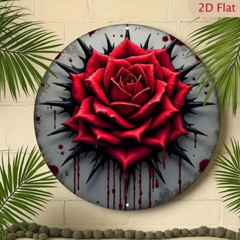 Metal Wall Art Poster, Round Gothic Rose 20x20 Cm Home Decor