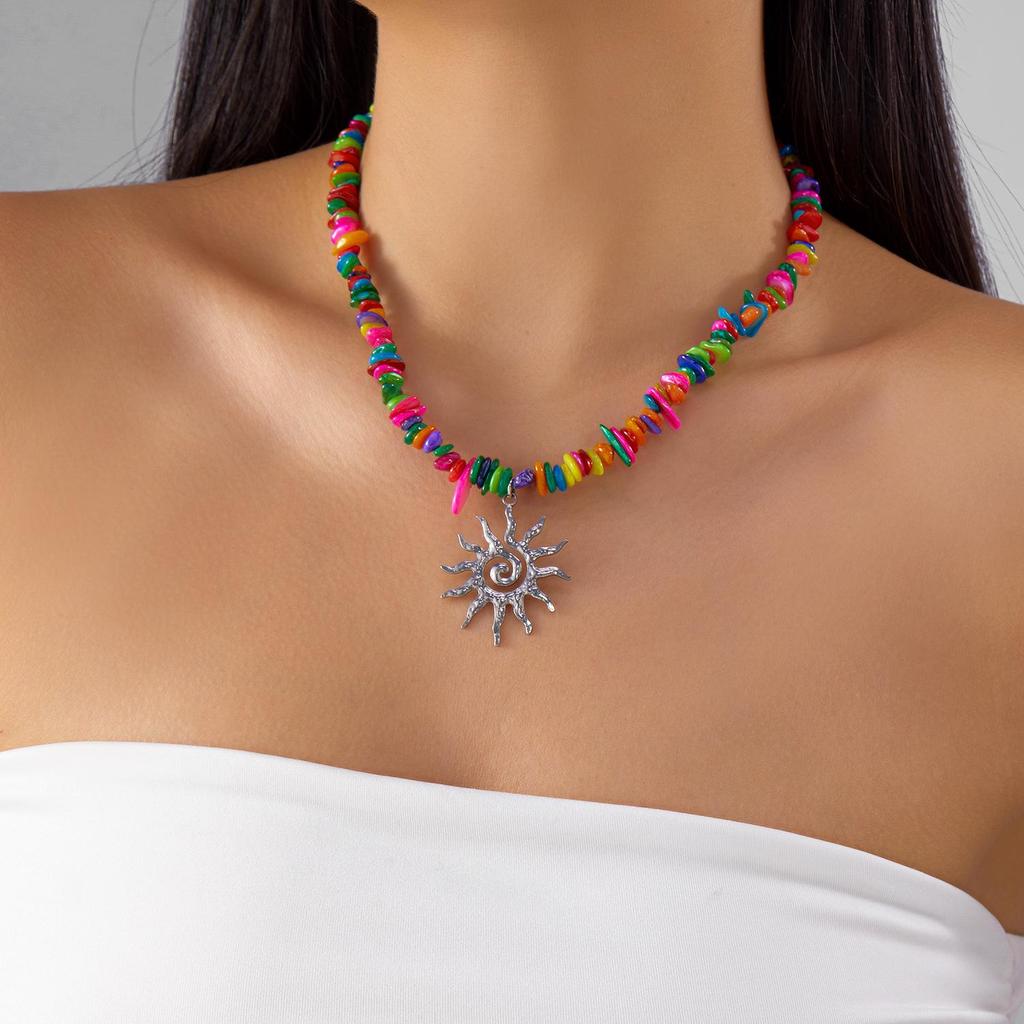 Bohemian Colorful Stone Beaded Necklace with Retro Sun Pendant Choker