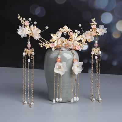 Ancient Chinese Style Headdress Female Ancient Style Tassel Hair Plug Gold Hairpin Bridal Hair Comb Girls Hair Crown Ornaments Set