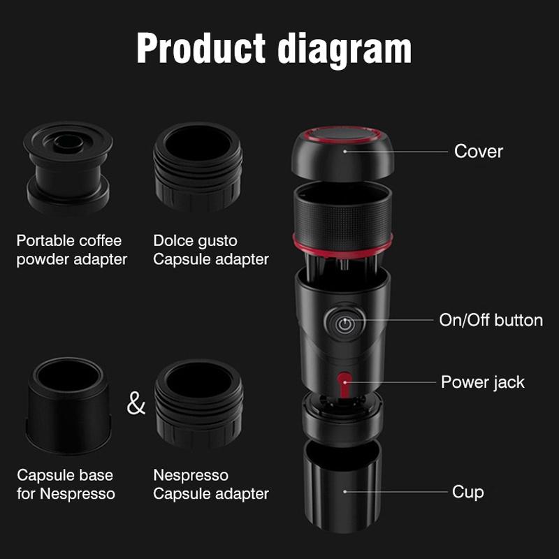 Multifunctional Three-In-One Portable Car Travel Coffee Machine Capsule DC12V with USB Charging Cable AC Adapter 60ml