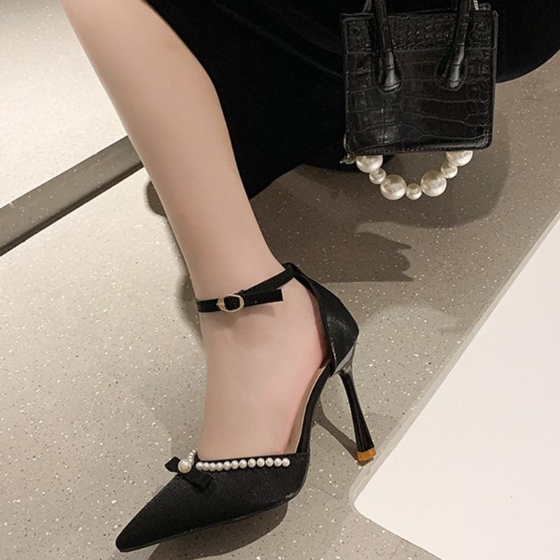 Women's 2025 Summer New Pointed Toe Block High Heels Pearl Buckle Single Shoes Baotou Hollow Sandals