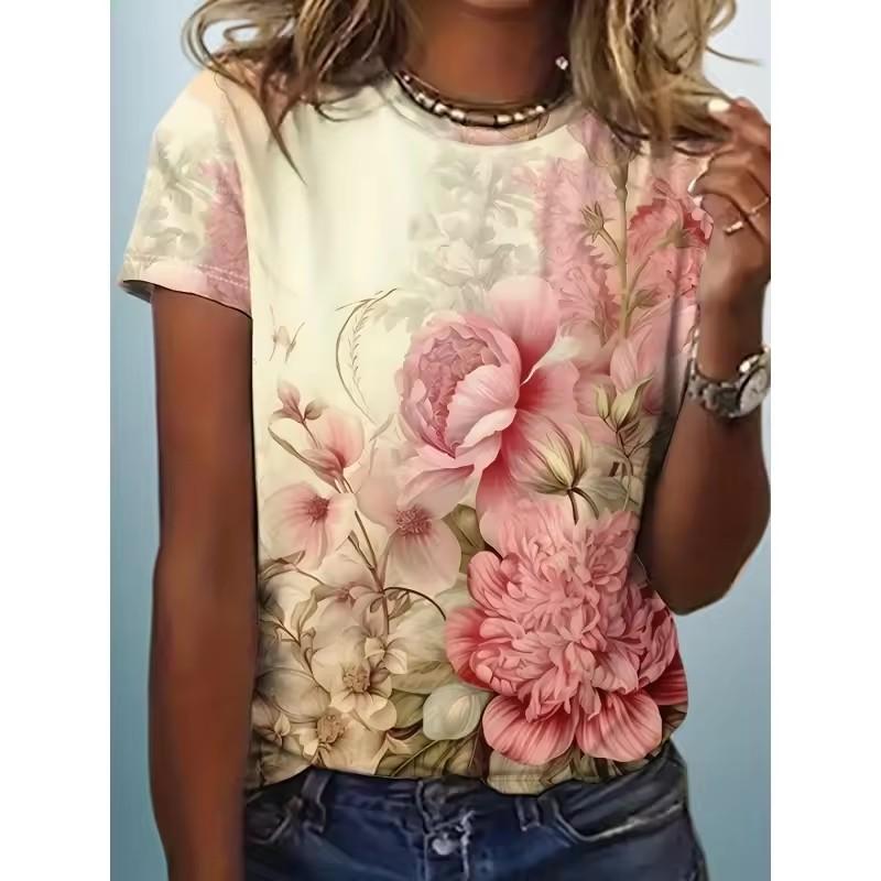 Women's new fashionable and elegant short sleeved T-shirt summer women's noble retro flower 3D printed top T-shirt