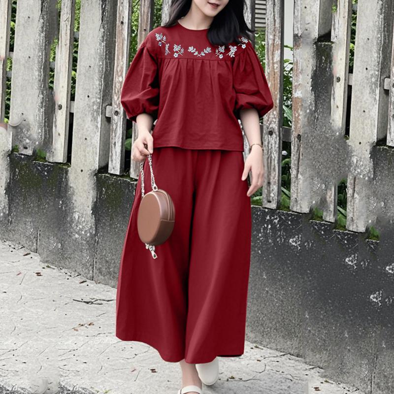 

ZANZEA Женский повседневный костюм-двойка: блузка с рукавом 3/4 и принтом и брюки 5XL