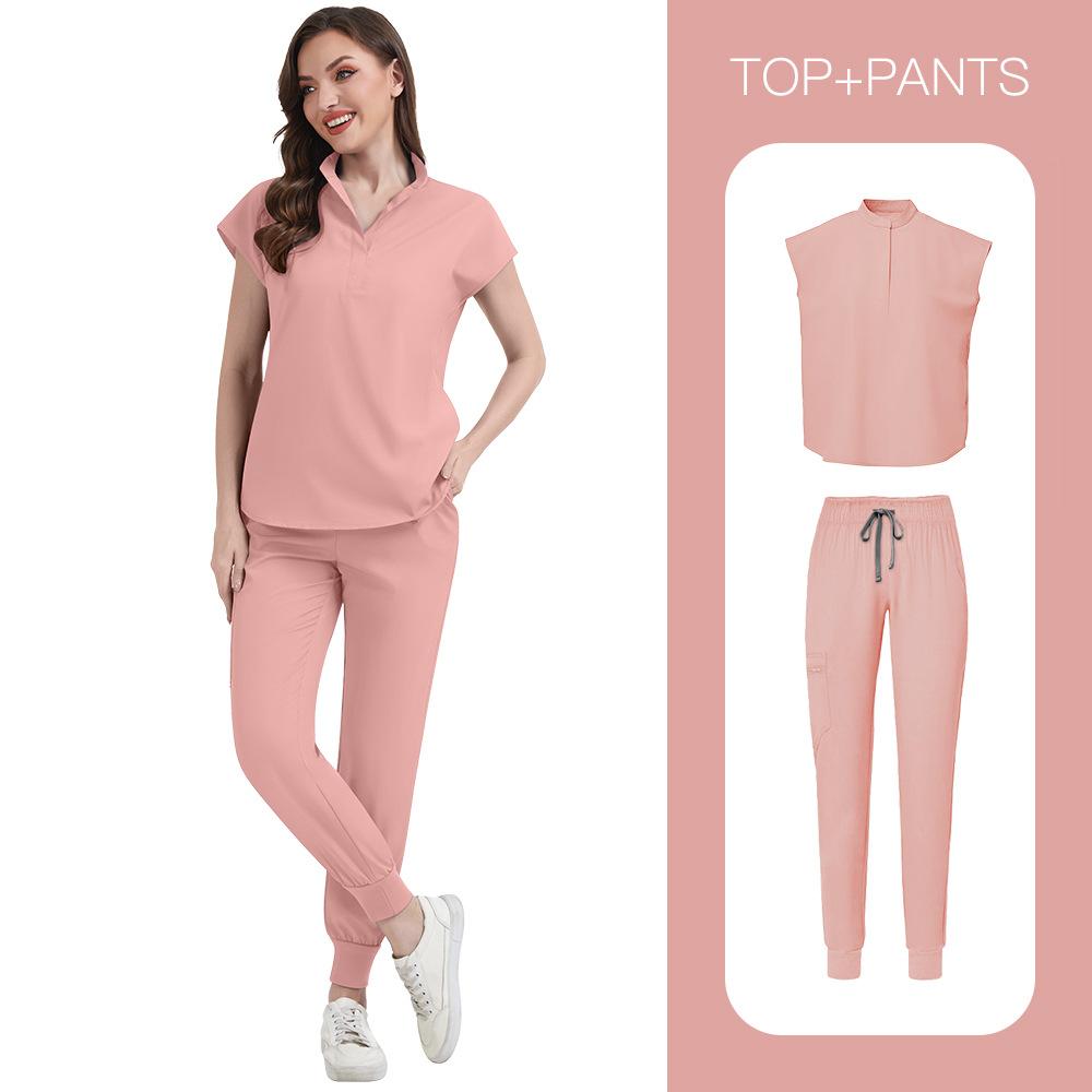 Women's Loose and Comfortable V-neck Short Sleeved Workwear with Multiple Pockets and Beauty Suit Set