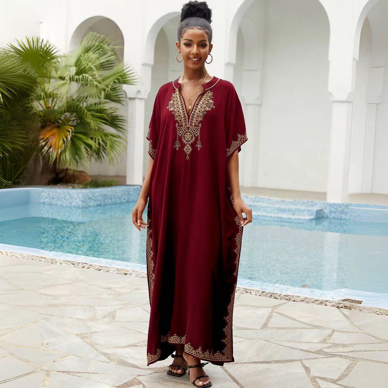 

Вышитый вискозный пляжный халат в европейском и американском стиле для женщин One Size вино красного