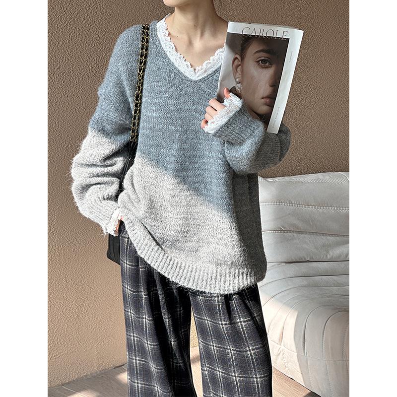 Ju Zhi 2024 Autumn/Winter Korean Loose Casual V-Neck Pullover Sweater Knitwear