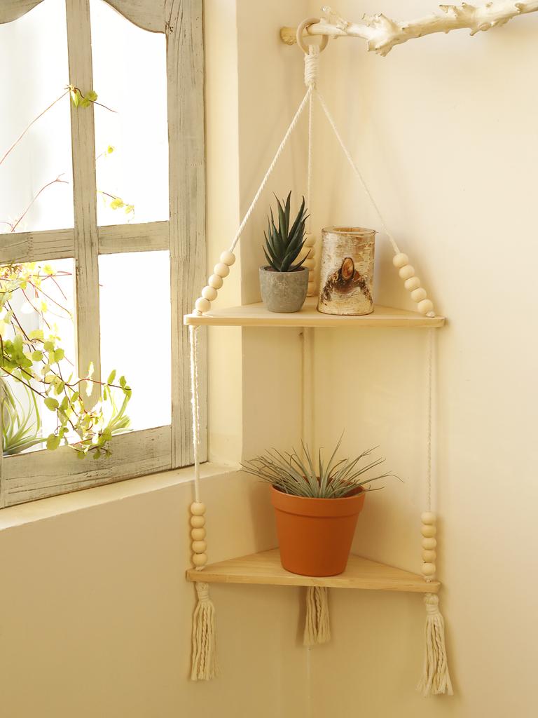 1/2/3-Layers Corner Shelf Wood Display Stand Boho Home Decoration Pastoral Style Macrame Handmade Floating Shelves Living Room