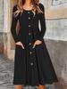 2025 Autumn Cross-Border Women's A-Line Dress - Waist-Cinching, Round Neck, Button Pocket, Knit Long Sleeve