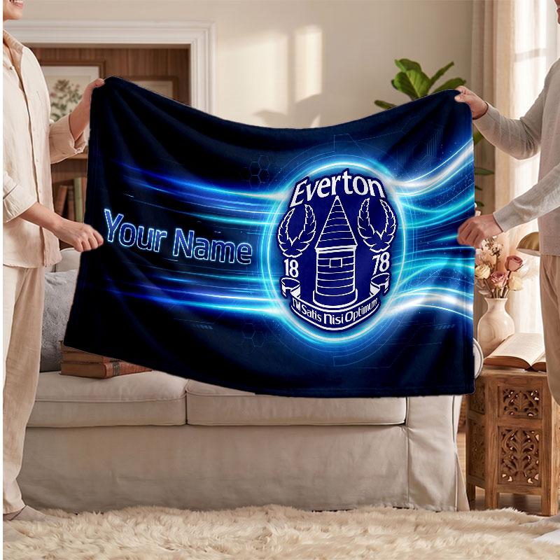 Everton FC Personalized Fleece Blanket With Football Logo, Custom Name Text Soft Warm Home Throw Blanket