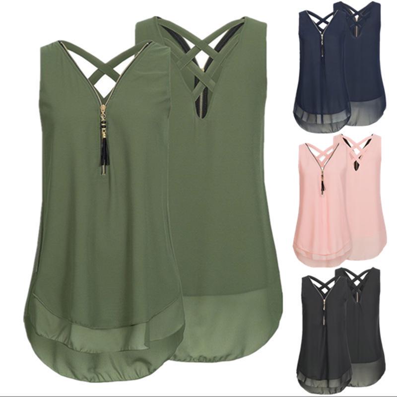 Women Fashion Cross Back Hem Layed Zipper VNeck Tops Loose Sleeveless