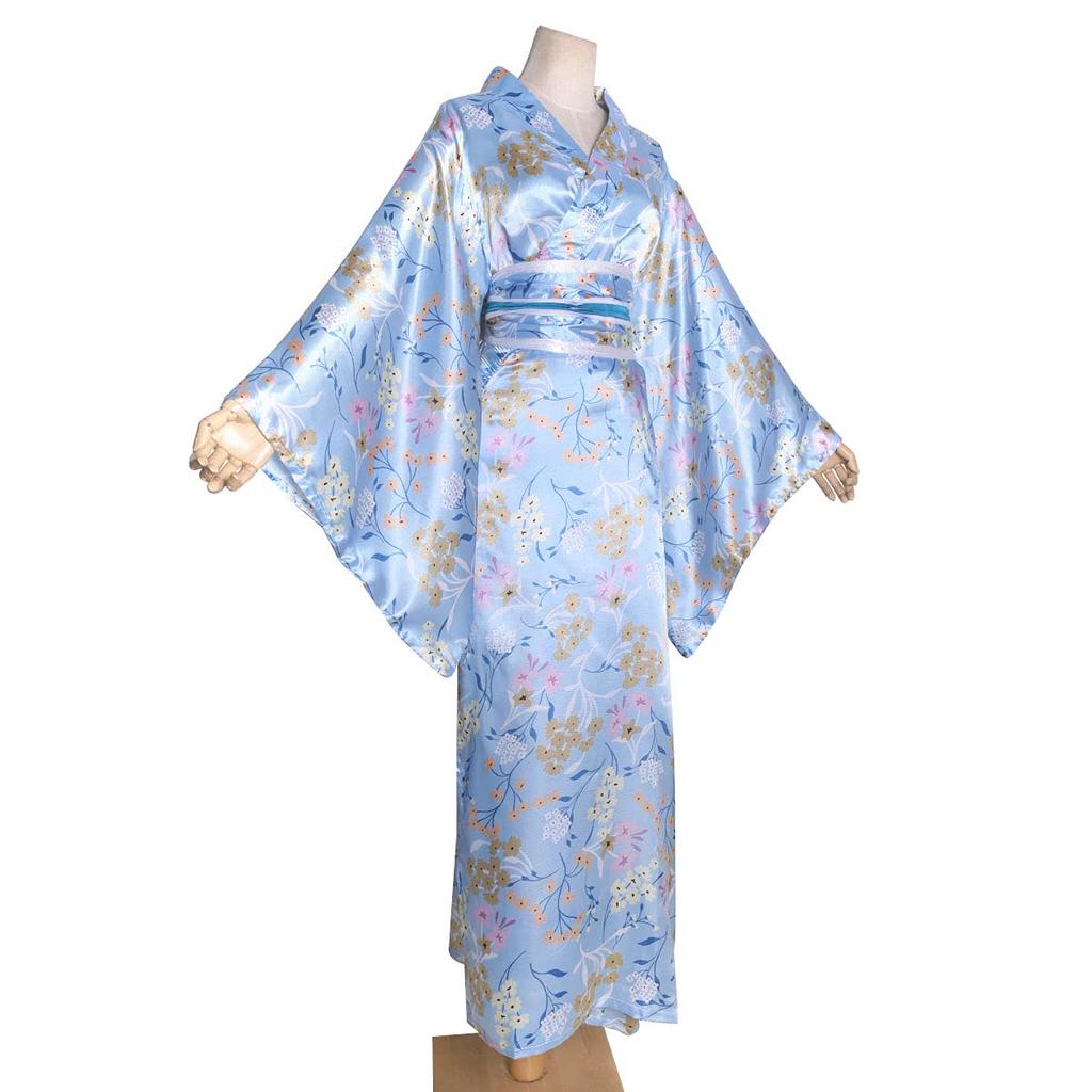 Costume Kimono Japonais Floral Geisha Yukata Long Peignoir Traditionnel Asiatique Déguisement Peignoir Pyjama Ceinture Tenue [HONGFU] (M, L10-Bleu)