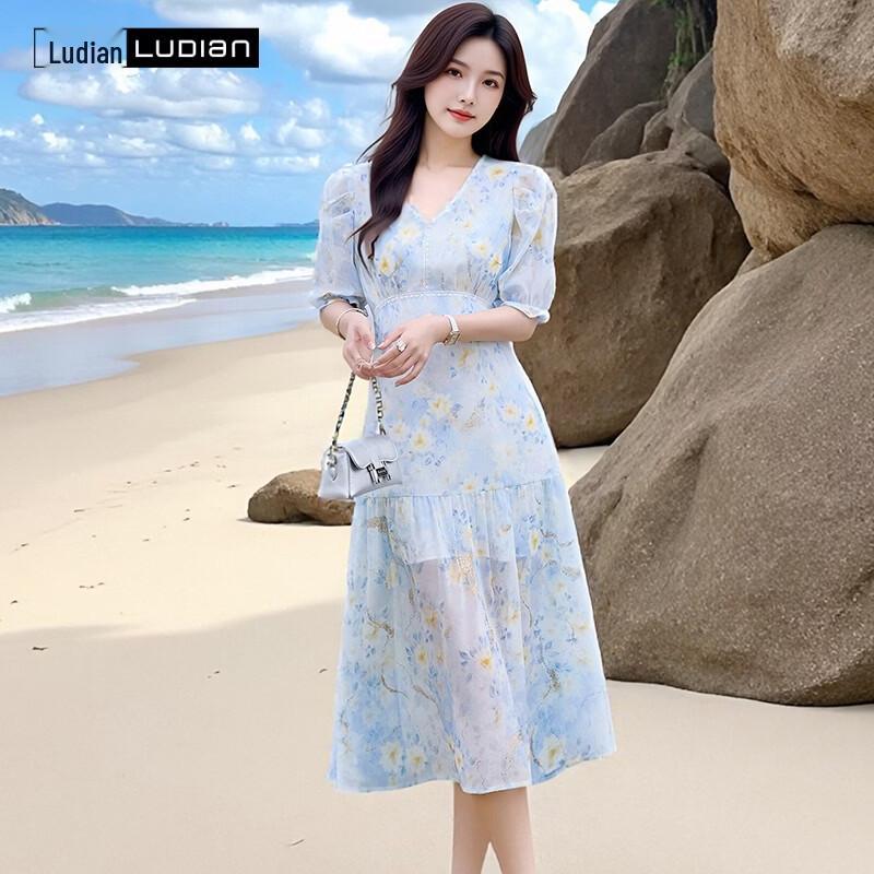 LUDIan Women's V-Neck French Holiday Sweet Long Dress