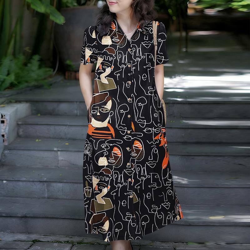 ZANZEA Women Casual Turn Down Collar Short Sleeve Print Dress