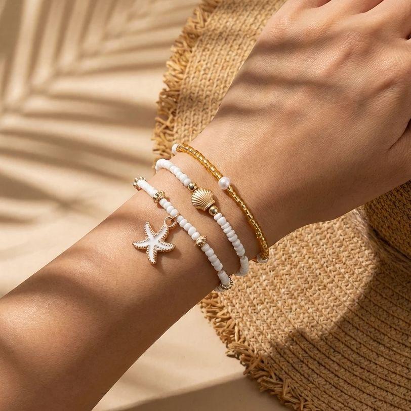 3 Pcs Bohemian Shell Starfish Pearl Bracelet Set For Women Summer Beach Multilayer Stacked Party Jewelry