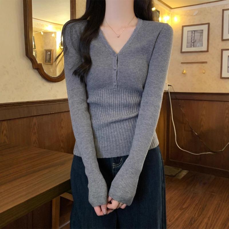 Autumn design button-neck knitted sweater women's inner pit strip bottoming sweater slim and thin