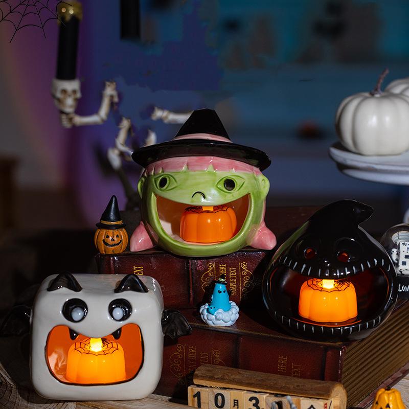 Kürbis-Kerzenständer, Halloween-Keramik-Kerzenständer, Atmosphärendekoration und lustige Süßigkeitenaufbewahrung, Desktop-Dekoration, Kreativität