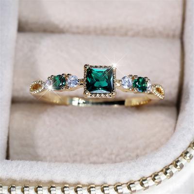 Minimalist Female Square Green Stone Thin Rings For Women Antique Gold Color White Zircon Stacking Wedding Bands Party Jewelry