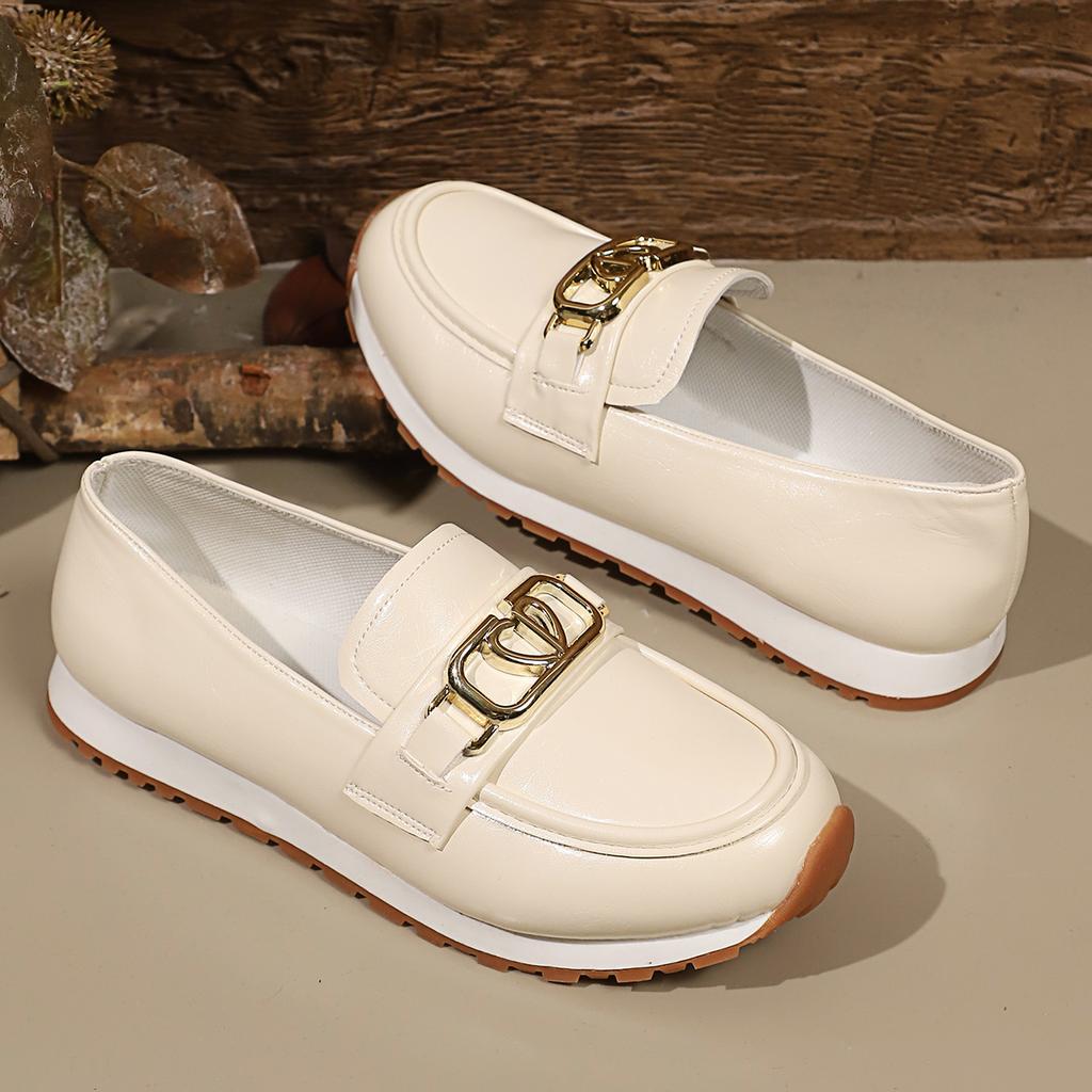 Brand Metal Buckle Pu Leather Loafers Shoes Women Summer 2026 Soft Sole Slip On Casual Shoes Flat Heel Driving Shoes for Women