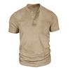 Men Black Washed Henley Neck Short Sleeve Chest Pocket Casual T Shirt