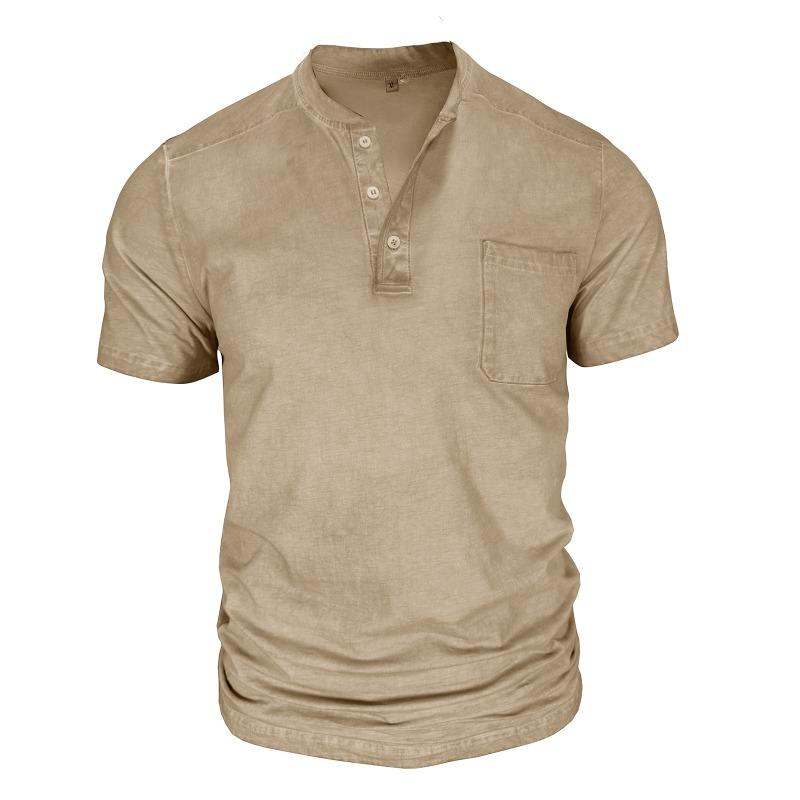 Men Black Washed Henley Neck Short Sleeve Chest Pocket Casual T Shirt