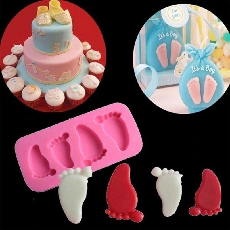 4 Hole Cute Baby Feet And Shoes Silicone Fondant Cake Mold Baby Shower 3D Kitchen Baking Mold Cake Decorating Moulds