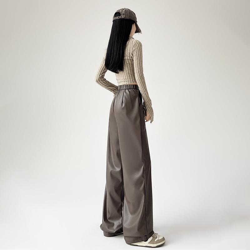 Women's 2025 Black Leather Wide-Leg Slimming High-Waisted Pants