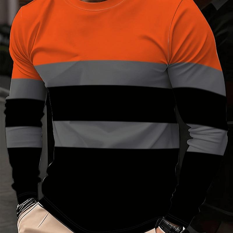 Men's Long-sleeved Striped Crew Neck T-shirt, Lightweight and Breathable Fabric Suitable for Daily Casual Wear, Printed Design