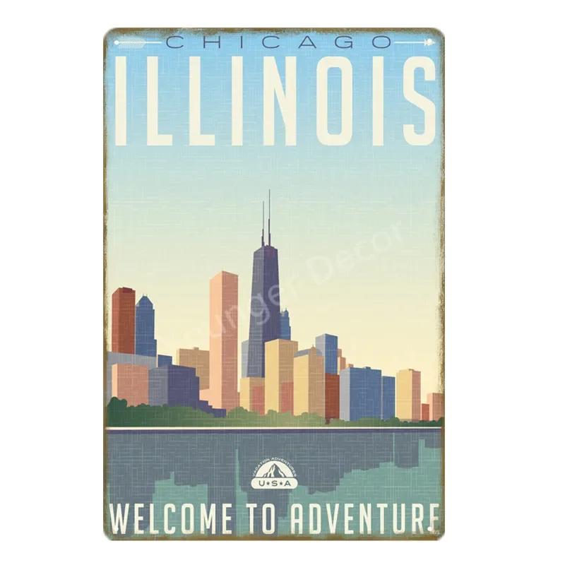 Vintage American Cities Travel Metal Signs  New York Alaska Ohio Washington  Wall Decor Poster  Retro Home Decor Sticker Paintin
