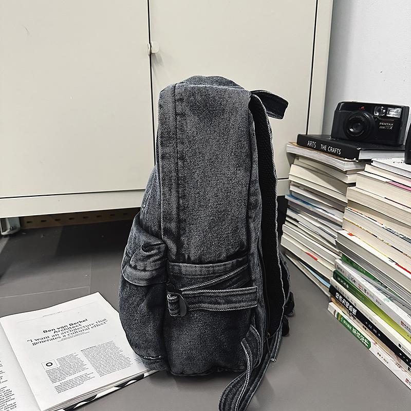 Vintage Solid Color Denim Backpack Large Capacity Travel Backpack Middle School Student Schoolbag