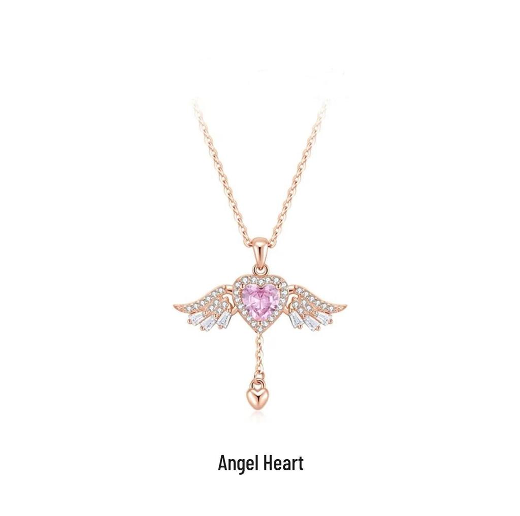 S925 Sterling Silver Angel Heart Wings Necklace - Elegant, Moveable Clavicle Pendant for Women