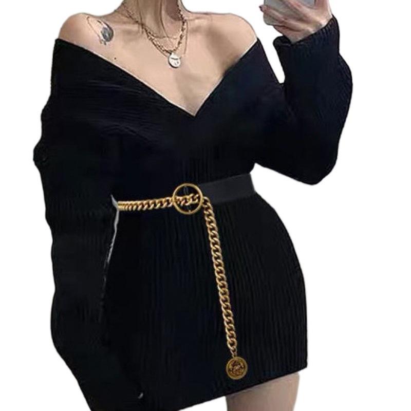 Wide Black Modern Waist Belt For Women With Unique Chain Design For Wear Versatile