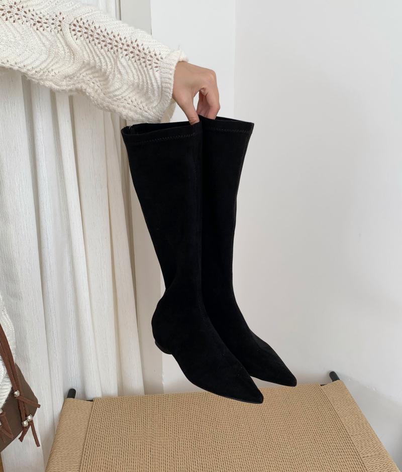 Coffee pointed suede boots small boots high heel elastic thin boots 2025 new thin heel mid boots 35