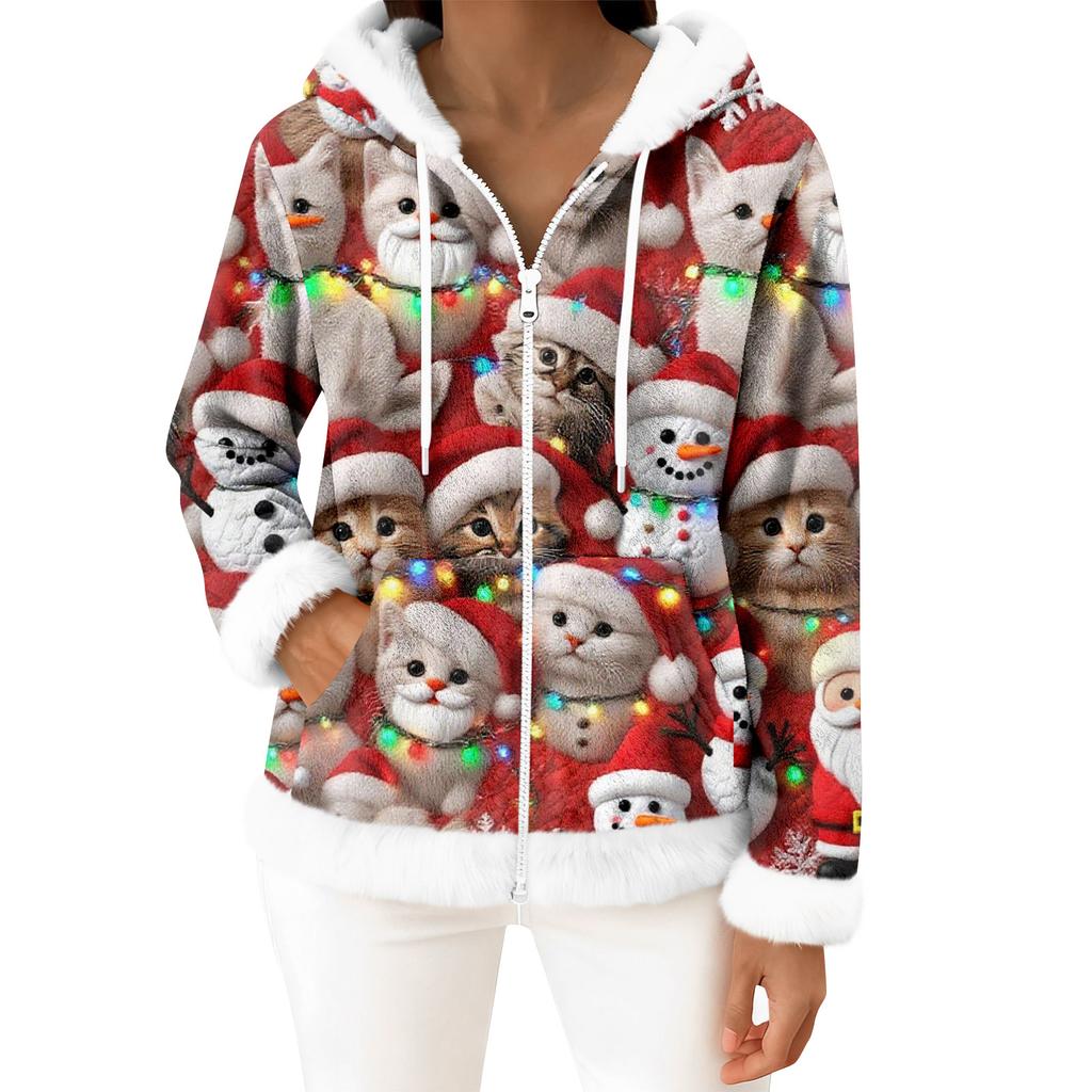 Women's Casual Fashion Long-Sleeved Zip-Up Fleece Hooded Cardigan