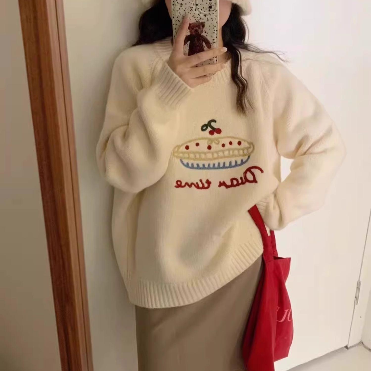 

Круглый вырез горловины с ручной вышивкой, трикотажные топы, женский осенне-зимний мягкий свободный свитер-пуловер Lazy Wind One Size бежевый