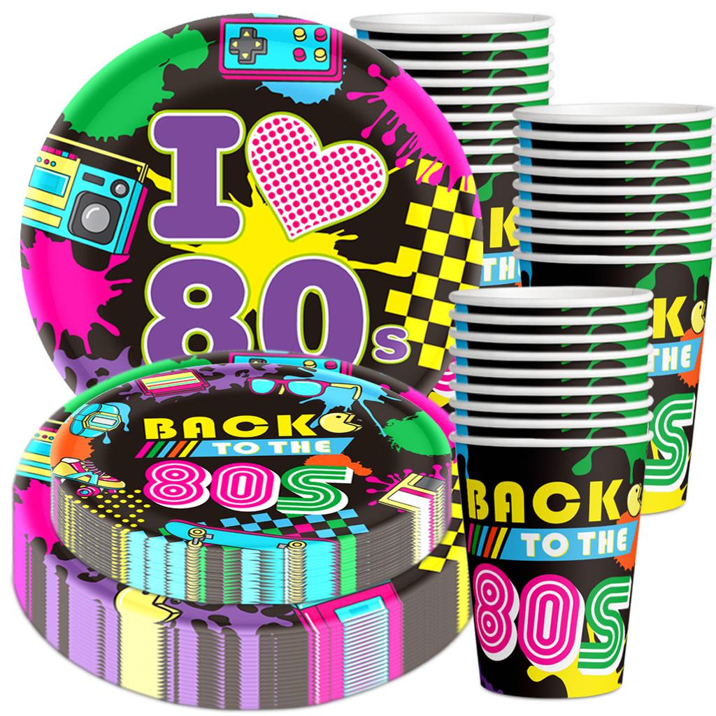 80er-Jahre Themenparty Dekoration, Retro-Radio, Pappteller, Pappbecher, Messer-, Gabel- und Löffelset, individuell