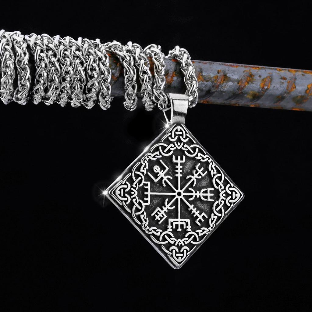 Colar masculino estilo nórdico viking com bússola runas totem quadrado pingente vintage aço inoxidável odin celtas nó colar joias