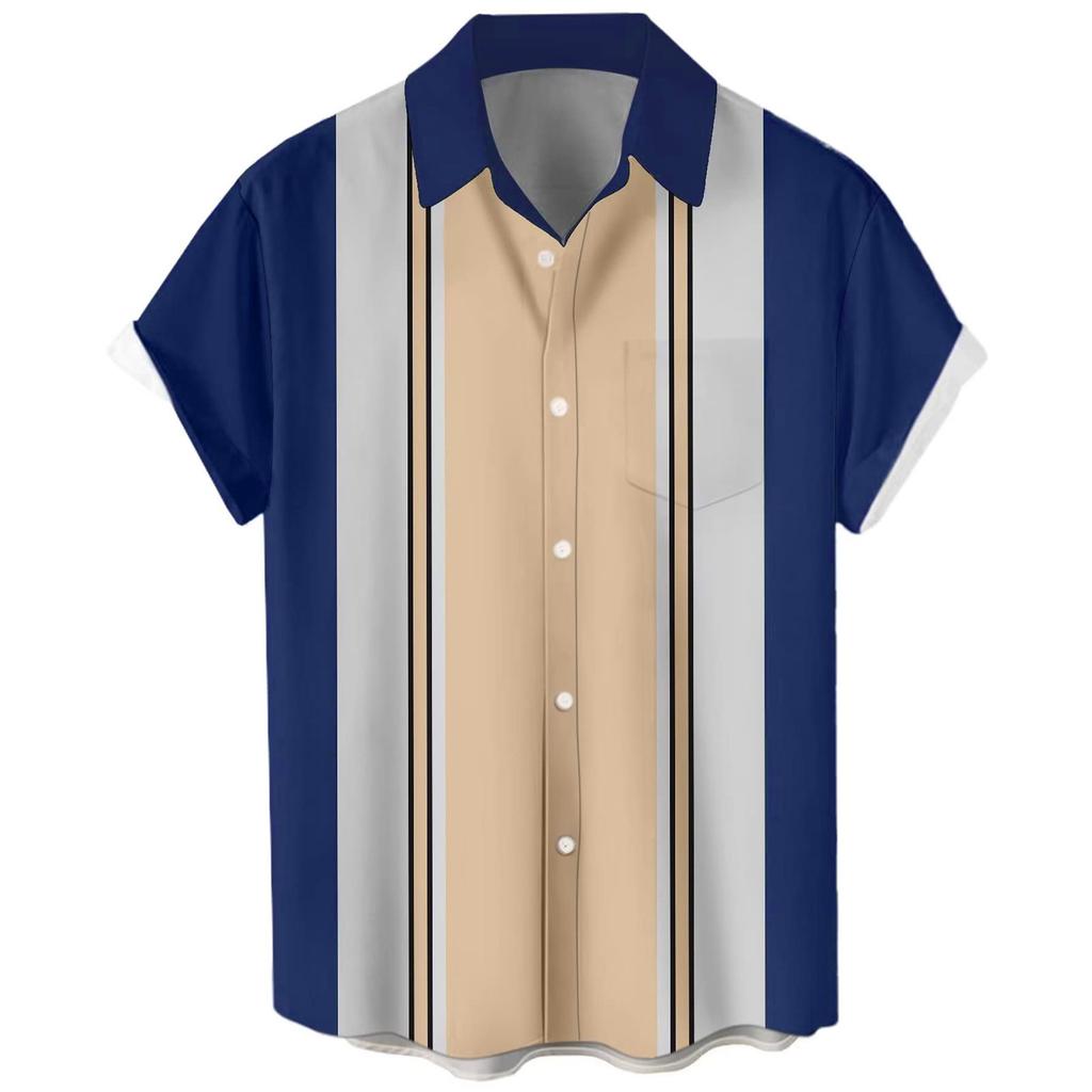 Men Short Sleeve Button Down Shirt Vertical Stripe Print Lapel Collar Casual Loose Fit Summer Top