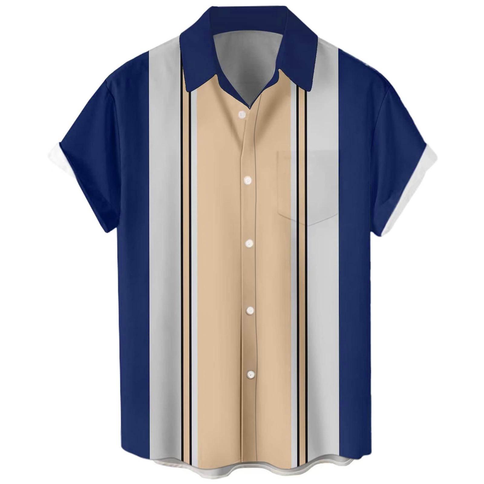 Men Short Sleeve Button Down Shirt Vertical Stripe Print Lapel Collar Casual Loose Fit Summer Top L бежевый