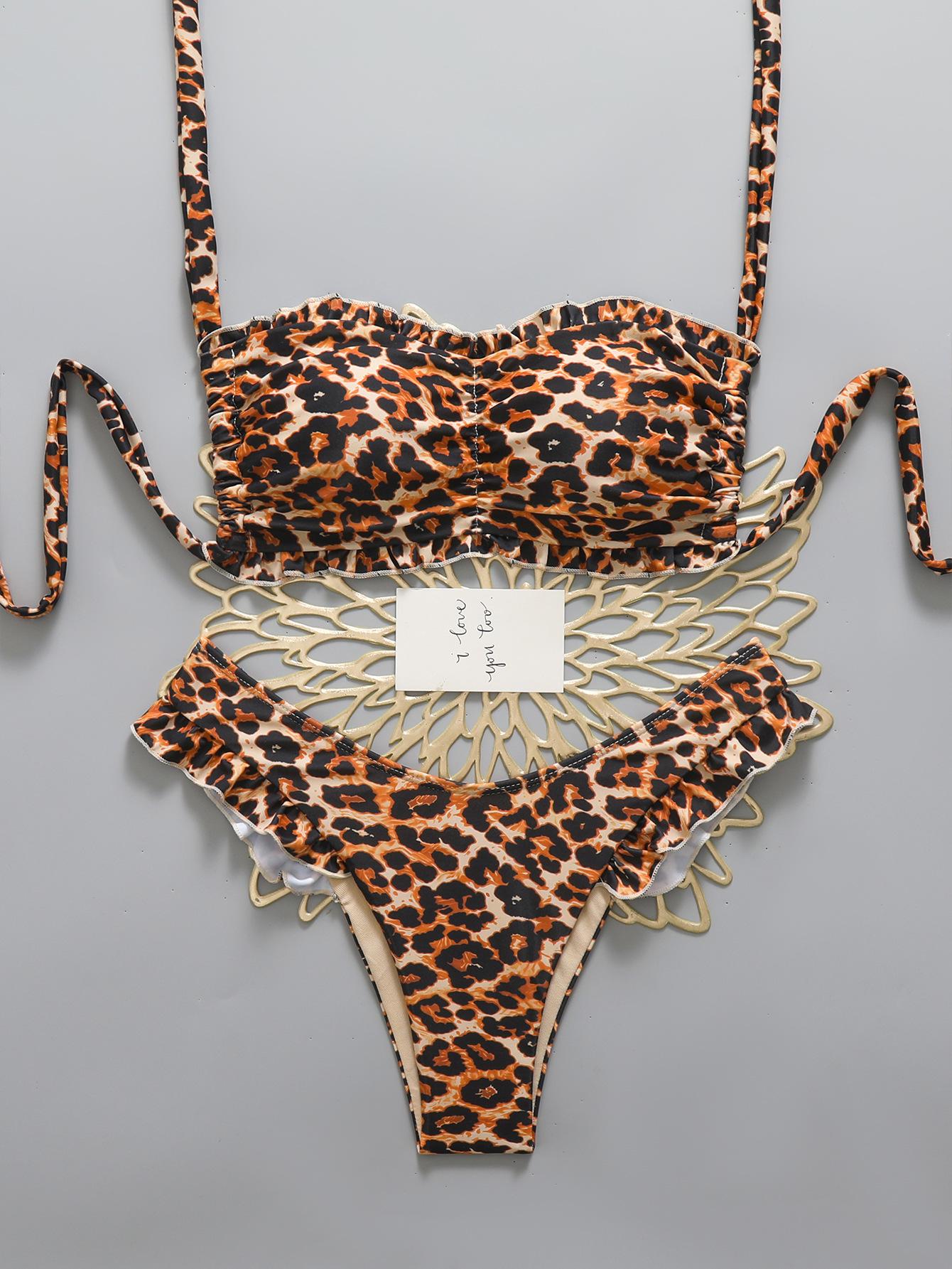 

2026 Європейський Американський Бандо Бікіні з Воланом та Бандажем Двокомпонентний Комплект - Сексуальний Роздільний Купальник Medium леопардовий