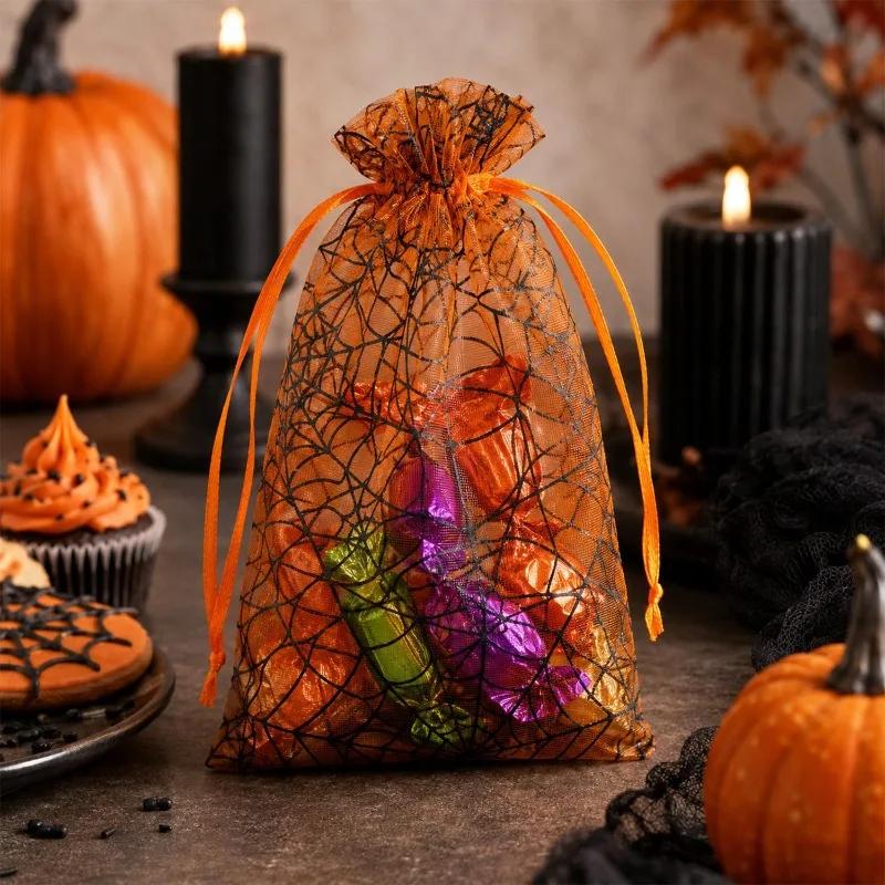 Halloween Printed Mesh Drawstring Bag Transparent Hard Gauze Candy Packaging Bag Jewelry Storage Bag Party Gift Bags