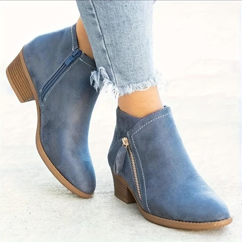 Ladies' Retro Solid Color Ankle Boots -1.57-inch Thick Heel Ankle Boots - Comfortable All Season Thick Bottom Side Zipper Pointed Boots