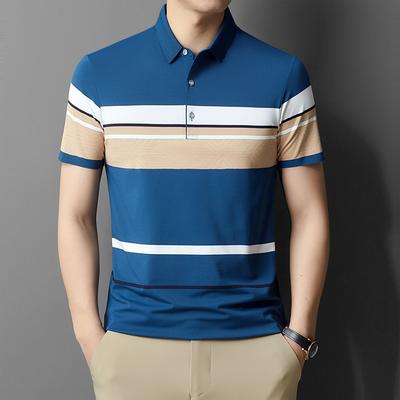 Dad Short-Sleeved Pure Cotton Contrasting Color Machine Washable Striped Casual Men'S T-Shirt Lapel Loose Polo Shirt