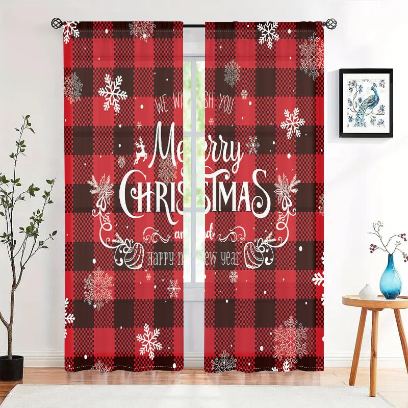 2 Pieces, Christmas Buffalo Plaid Snowflake Curtains -30% Blackout - Suitable for Living Room, Bedroom, Kitchen, Home Decoration