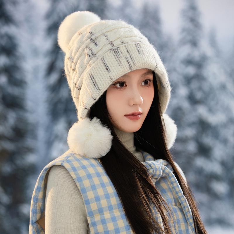 Hat for Women In Autumn and Winter Casual Versatile Tie Dye Wool Hat Outdoor Plus Velvet Thickened Cold Warm Hat Cute Fur Ball Hat