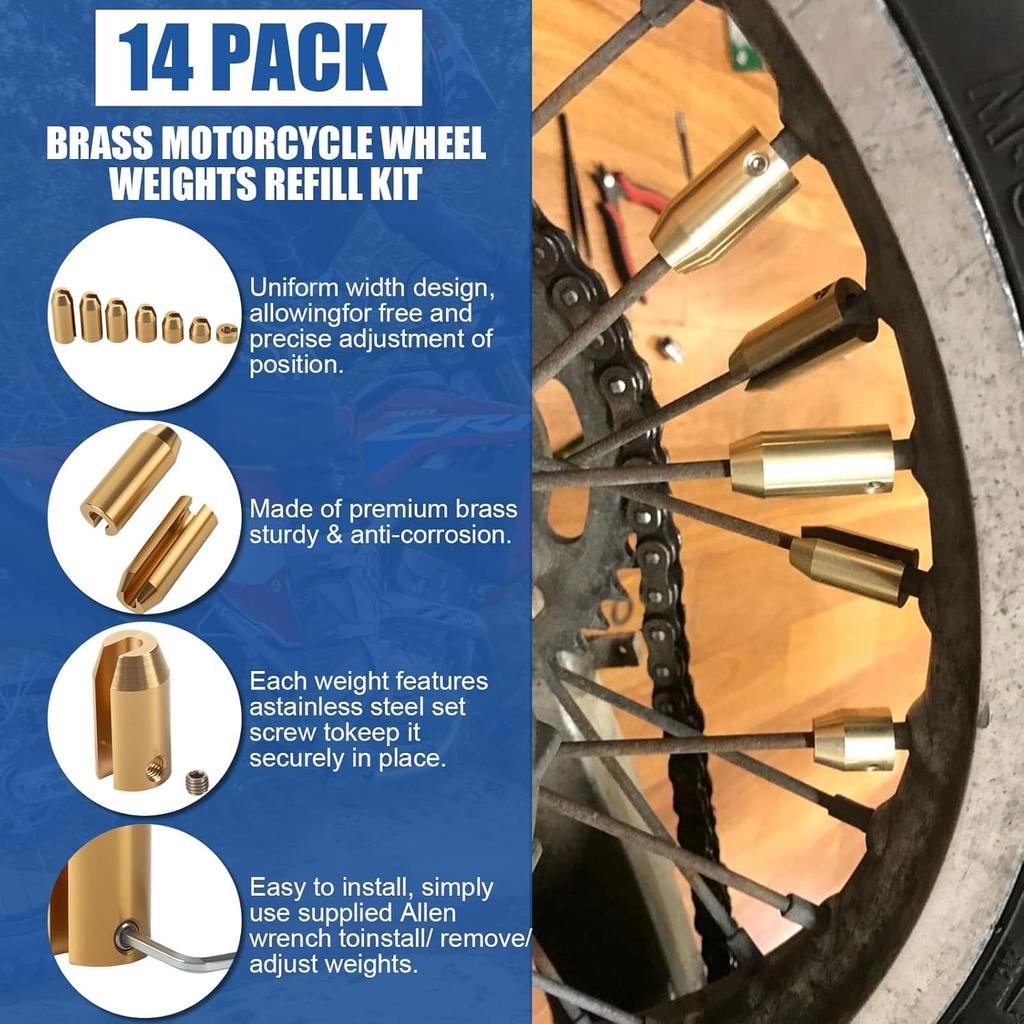 JiiinMiiin 14 Pack Brass Motorcycle Reusable Wheel Spoke Balance Weights Refill Kits Compatible With Super Motor, Dual Sport, Metric Cruisers,