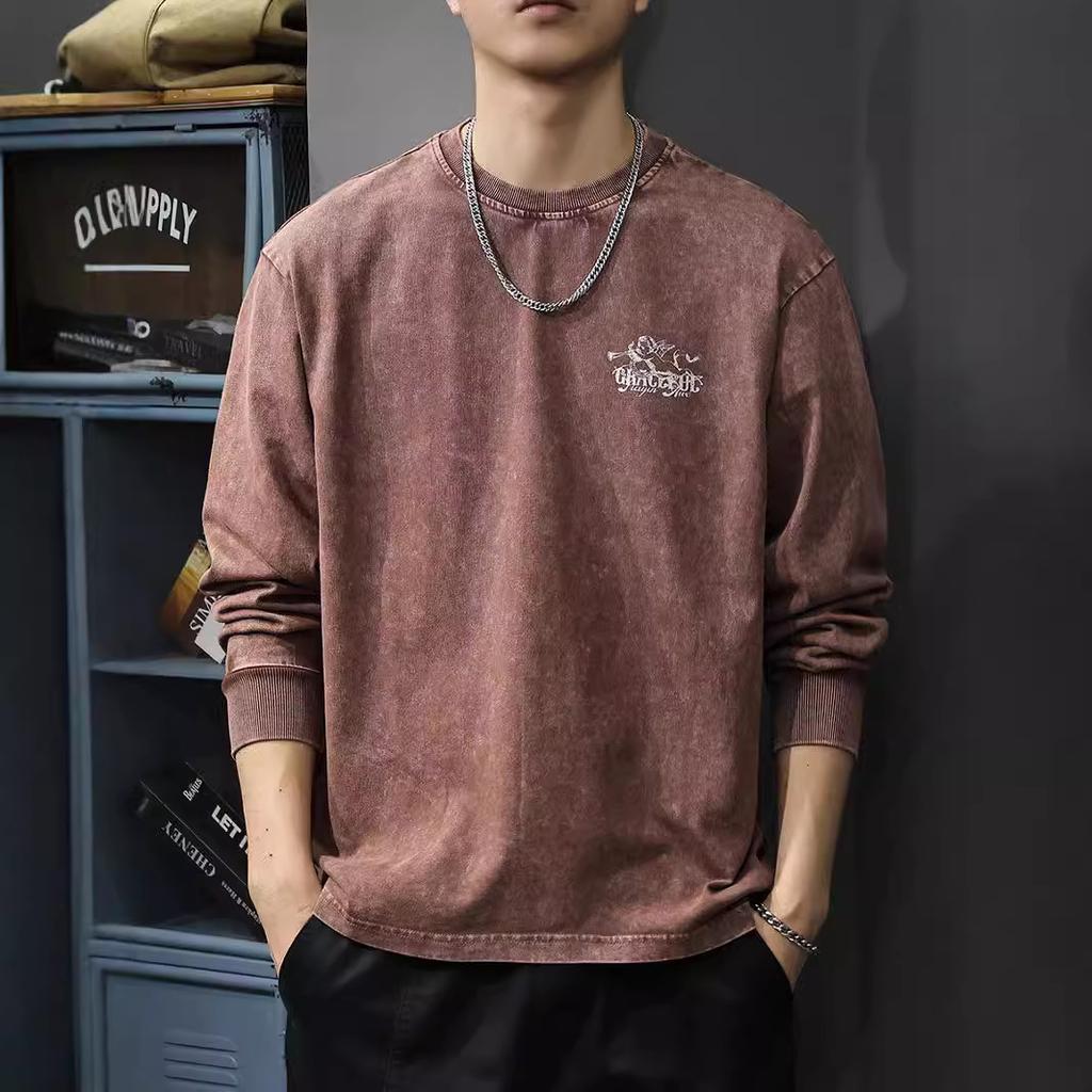 Autumn 300G Heavy Washed Printed Long-Sleeved T-Shirt Men'S American Retro Trendy Sweater Pure Cotton Loose T-Shirt